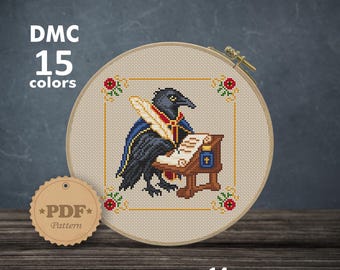 Raven Scribe Cross Stitch Pattern: Medieval Gothic Bird Digital PDF