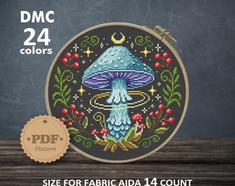 Celestial Mushroom Cross Stitch Pattern PDF, Witchy Moon and Botanical Art, Goblincore Forest Decor