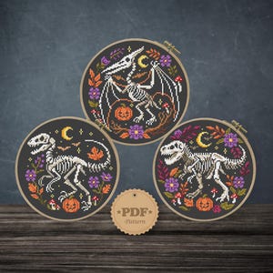 May include: Three circular embroidery hoops containing cross-stitch patterns of white dinosaur skeletons surrounded by colorful flowers, leaves, mushrooms, pumpkins, and yellow crescent moons on a black background, with a tag labeled PDF Pattern.