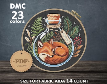 Fox in a Bottle Cross Stitch Pattern, Forestcore Embroidery Chart, Dark Cottagecore Needlepoint, Sleeping Fox Stitch