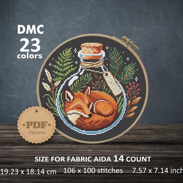 Fox in a Bottle Cross Stitch Pattern, Forestcore Embroidery Chart, Dark Cottagecore Needlepoint, Sleeping Fox Stitch