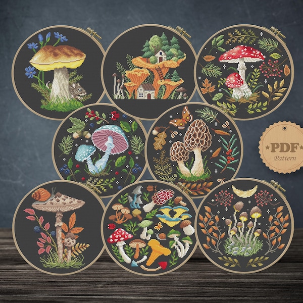Mushroom Cross Stitch Pattern Set: Woodland Fungi Embroidery (PDF Pattern)