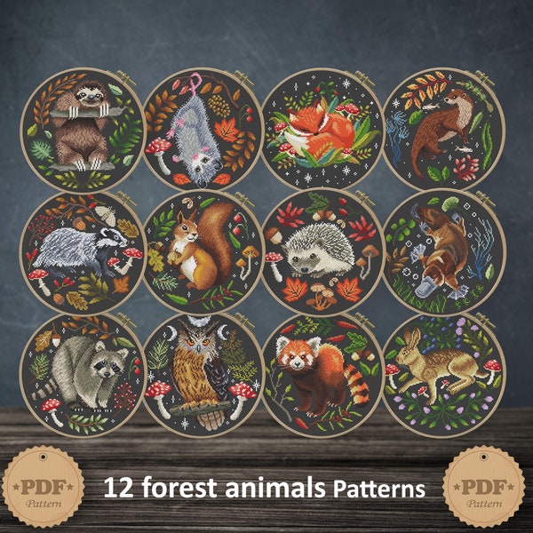 Set of 12 forest animals cross stitch pattern PDF, Squirrel, Fox, Badger, Opossum, Hedgehog, Otter, Sloth cross stitch, Cottagecore decor