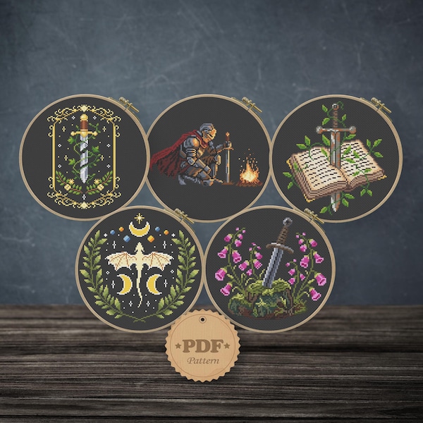 Dark Fantasy Cross Stitch Pattern Bundle, Witchy Medieval Charts (PDF Download)
