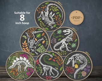 Set of 6 dino skeletons cross stitch pattern PDf, Dinosaur cross stitch, Halloween cross stitch, Floral dino cross stitch, Dino wall decor