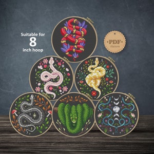 May include: Six embroidery hoop patterns featuring different snake designs. Each hoop is 8 inches in diameter and features a black background with colorful snakes and floral details. The patterns are labeled "PDF Pattern".