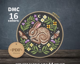 Celestial Rabbit Cross Stitch Pattern PDF, Witchy Woodland Animal and Moon Art, Gothic Botanical Embroidery