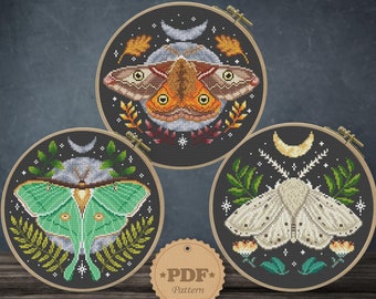 Luna moth cross stitch pattern PDf, Modern cross stitch pattern, Moon phases cross stitch pattern, Insect cross stitch, Flower embroidery