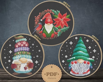 Christmas gnomes set cross stitch pattern PDF, Cute Gnomes cross stitch, Fairy Winter cross stitch, Scandinavian Christmas, Nordic gnome