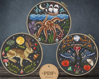 Conjunto de Padrões de Ponto Cruz Cryptids: Bordado Assustador de Halloween (Padrão em PDF)
