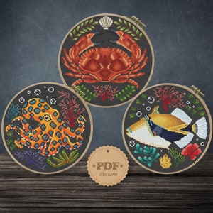 Marine animals set cross stitch pattern PDF, Sea animal cross stitch, Ocean cross stitch, Sealife Cross Stitch, Sea wall decor DIY
