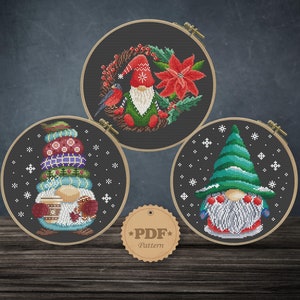 Christmas gnomes set cross stitch pattern PDF, Cute Gnomes cross stitch, Fairy Winter cross stitch, Scandinavian Christmas, Nordic gnome