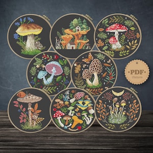 Mushrooms set cross stitch pattern PDF, Woodland embroidery, Witchy fungi cross stitch, Home wall decor DIY, Toadstool cross stitch pattern image 1