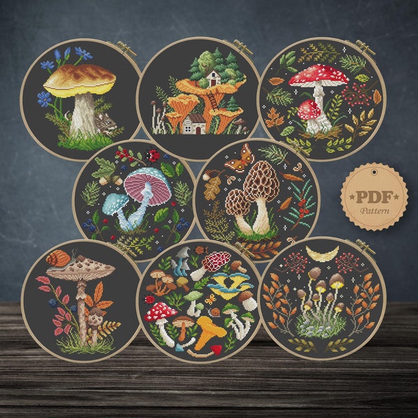 Mushrooms set cross stitch pattern PDF, Woodland embroidery, Witchy fungi cross stitch, Home wall decor DIY, Toadstool cross stitch pattern