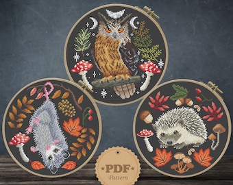 Autumn Animals Cross Stitch Pattern: Owl, Hedgehog, Opossum (PDF Pattern)