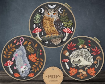 Autumn forest animals cross stitch pattern PDF, Owl cross stitch Hedgehog cross stitch Opossum embroidery Cottagecore decor, Fall wall decor