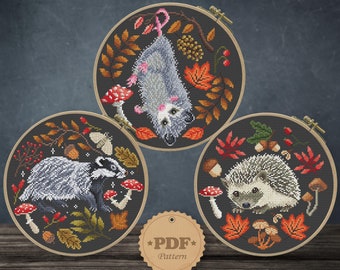 Forest animals cross stitch pattern PDF, Modern cross stitch, Hedgehog cross stitch, Opossum embroidery, Cottagecore decor, Fall wall decor