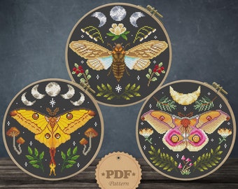 Moth cross stitch pattern PDf, Butterfly cross stitch pattern, Moon phases embroidery, Insect cross stitch, Moth wall decor, Moth lover gift