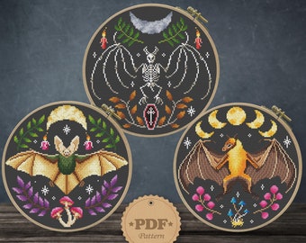 Bats & Moon Phases Cross Stitch Pattern: Gothic Halloween (PDF Pattern)