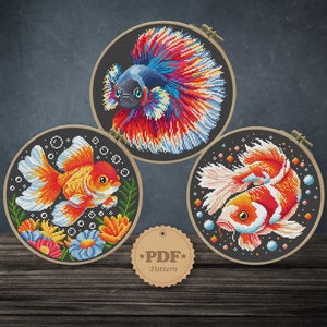 Colored fish set cross stitch pattern PDF,  Betta Fish embroidery, Goldfish pattern, Fish gift ideas, Fish lovers gift, Fish home decor