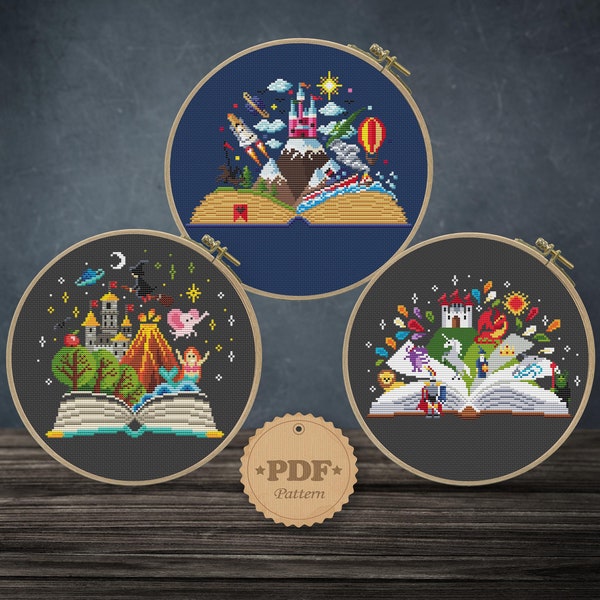 Fairytale heroes set cross stitch pattern PDf, Magic world cross stitch, Books lover gift, Fantasy Book cross stitch, Kids room wall Decor