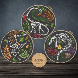 Dinosaur Skeletons Set cross stitch pattern PDf, Dinosaur cross stitch, Pterodactyl, Brachiosaurus, Mososaurus cross stitch, Dino wall decor