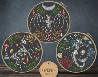 Mythical Creature Skeleton Cross Stitch Pattern Set: Magic Halloween Witch Decor (PDF Pattern)