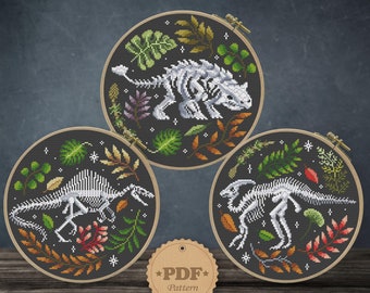 Dinosaur Skeletons Set cross stitch pattern PDf, Dinosaur cross stitch, Halloween cross stitch, Floral dino cross stitch, Jurassic period