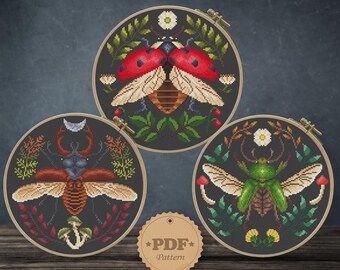 Beetle set cross stitch pattern PDf, Beetle embroidery art, Mushroom cross stitch pattern, Beetle wall decor, Insects embroidery PDF