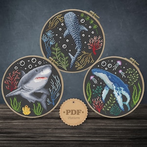 Sea ocean animals cross stitch pattern, Modern cross stitch PDF, Sealife cross stitch, Shark cross stitch, Whale wall decor Shark lover gift