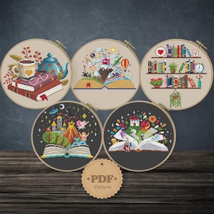 Set of 5 Book lover&#39;s cross stitch patterns PDf, Stack of Books embroidery, Bookworm gift, Fairytale heroes cross stitch Сozy home decor DIY