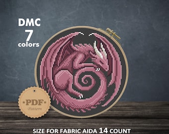 Fantasy Dragon Cross Stitch Pattern PDF, Pink Mythical Creature Embroidery for Modern Gothic Decor