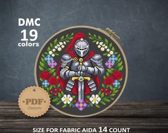 Fantasy Knight Cross Stitch Pattern PDF, Medieval Warrior & Botanical Wreath Embroidery, Dark Academia Decor