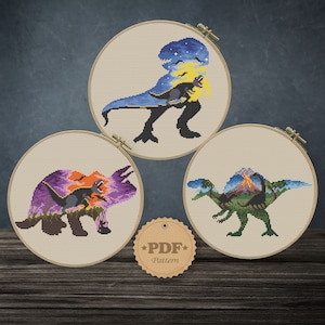 Conjunto de padrões de ponto cruz de silhueta de dinossauro: T-Rex, Triceratops (padrão em PDF)