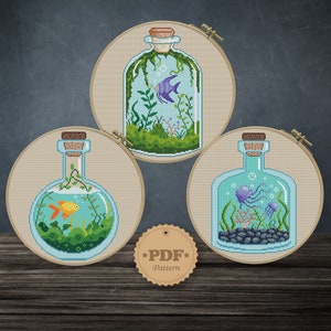 Set of aquariums cross stitch pattern, Modern cross stitch PDF, Water cross stitch PDF, Fish cross stitch pattern, Nature cross stitch
