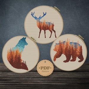 Forest animals set cross stitch pattern PDF, Modern cross stitch pattern, Forest landscape cross stitch, Deer cross stitch, Bear embroidery