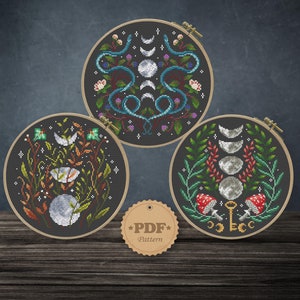 Moon Phases Set cross stitch pattern PDF, Modern cross stitch, Luna moth cross stitch Cottagecore decor, Snake home decor, Witchcraft stitch