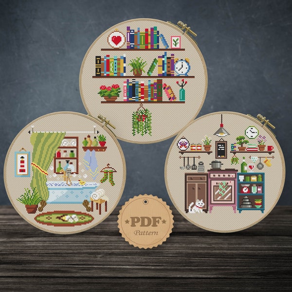 Cute room set cross stitch pattern PDf, Cozy room embroidery, Gift for housewife, Сozy home decor DIY, Home decor diy