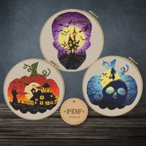 Halloween set cross stitch pattern PDf,  Pumpkin modern cross stitch pattern, Scary night cross stitch pattern, Night cross stitch