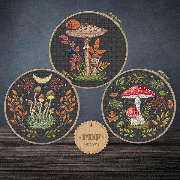 Toadstools cross stitch pattern PDF, Woodland embroidery Witchy fungi embroidery Modern cross stitch pattern, Mushrooms cross stitch pattern