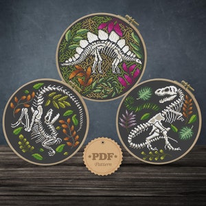 Dinosaur Skeletons Set cross stitch pattern PDf, Dinosaur cross stitch, Halloween cross stitch, Floral dino cross stitch, Dino wall decor