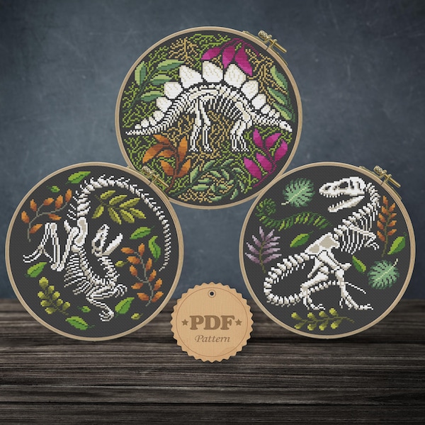 Dinosaurus skeletten instellen kruissteek patroon PDF, dinosaurus kruissteek, Halloween kruissteek, bloemen dino kruissteek, Dino wand decor