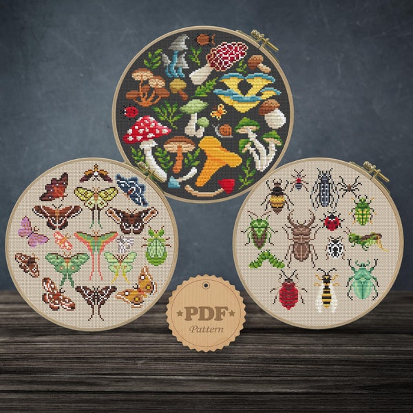 Ensemble d'insectes et de champignons motif de point de croix PDf, art de la broderie champignon, point de croix Nature, décor Cottagecore, décor d'automne bricolage