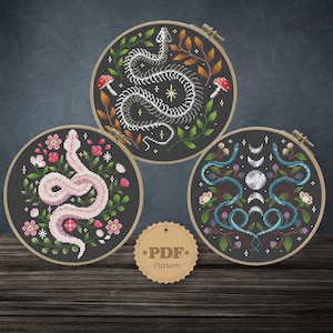 Snake set cross stitch pattern PDF, Modern cross stitch, Gothic Cross Stitch, Cottagecore decor, Serpent home decor, Snake lover gift