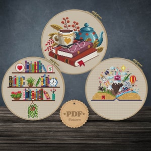 Book lover's set cross stitch pattern PDf Stack of Books embroidery Gift for reader and Books Lover cross stitch pattern Сozy home decor DIY