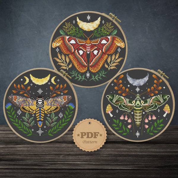 Moon moth set cross stitch pattern PDf, Gothic cross stitch, Moon phases cross stitch pattern, Insects cross stitch, Floral embroidery