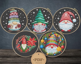 Set of 5 Christmas Gnomes cross stitch pattern PDF, Cute christmas decor, Fairy Winter cross stitch, Scandinavian Christmas, Holiday decor