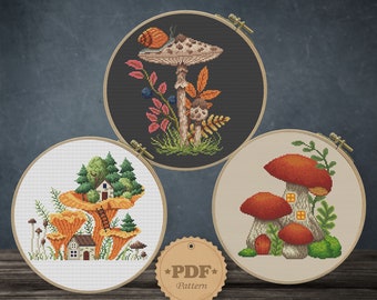 キノコのクロスステッチパターンセット：森の妖精の家刺繍（PDFパターン）