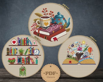 Book lover's set cross stitch pattern PDf Stack of Books embroidery Gift for reader and Books Lover cross stitch pattern Сozy home decor DIY