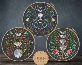 Moon Phases Cross Stitch Pattern Set: Snake, Luna Moth (PDF Pattern)